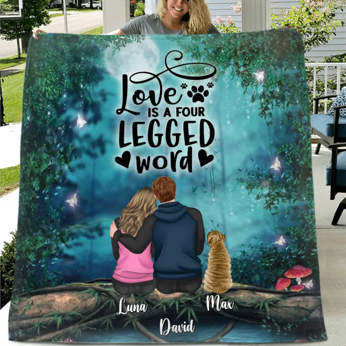 Personalized Couple And Dogs Quilt/Fleece Throw Blanket - Couple With Up to 5 Dogs - Gift Idea For Couple/Dog Lover - Love Is A Four Legged Word