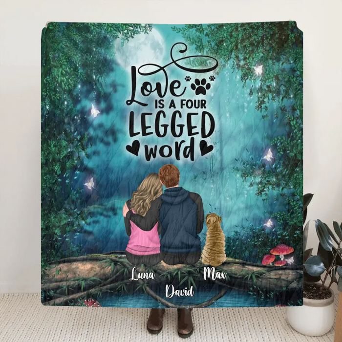Personalized Couple And Dogs Quilt/Fleece Throw Blanket - Couple With Up to 5 Dogs - Gift Idea For Couple/Dog Lover - Love Is A Four Legged Word