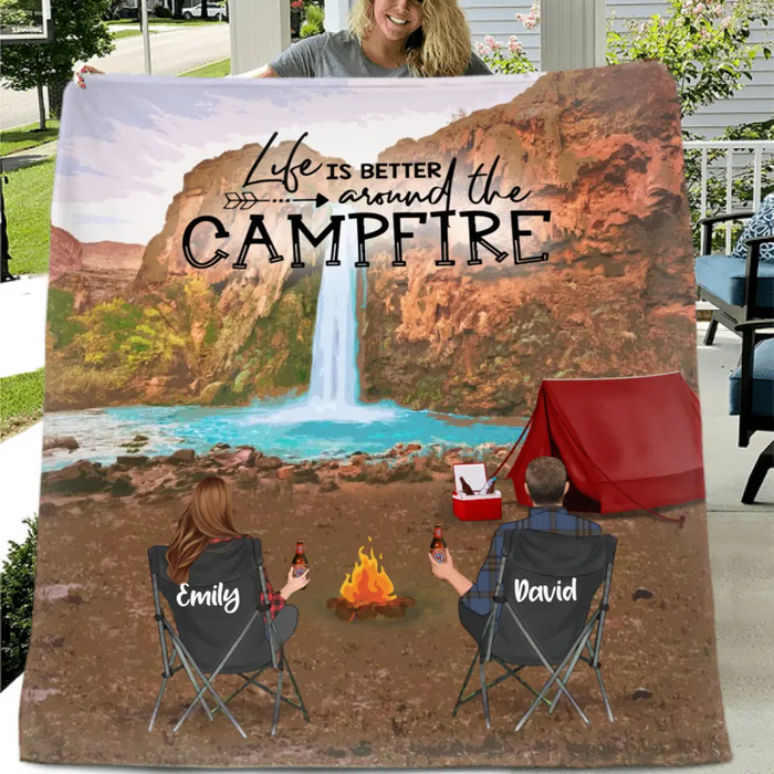 Personalized Havasu Falls Camping Fleece/Quilt Blanket - Adult/Couple With Up to 3 Kids And 3 Pets - Gift Idea For Family/Camping Lover -  Life Is Better Around The Campfire