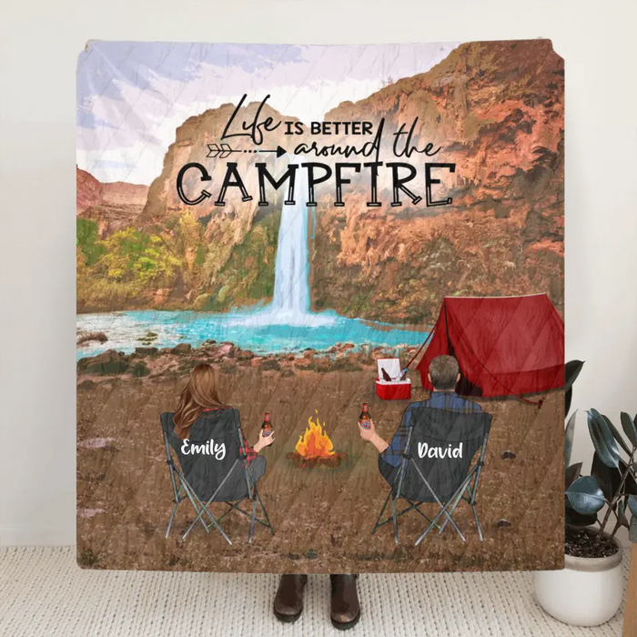 Personalized Havasu Falls Camping Fleece/Quilt Blanket - Adult/Couple With Up to 3 Kids And 3 Pets - Gift Idea For Family/Camping Lover -  Life Is Better Around The Campfire