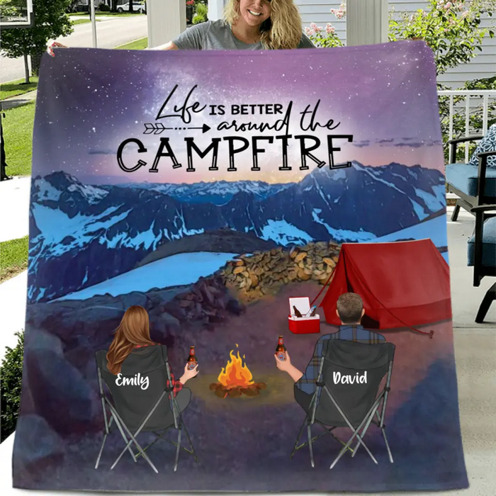 Personalized Sahale Glacier Camping Fleece/Quilt Blanket - Adult/Couple With Up to 3 Kids And 4 Pets - Gift Idea For Family/Camping Lover - Life Is Better Around The Campfire