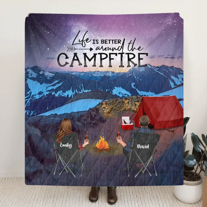 Personalized Sahale Glacier Camping Fleece/Quilt Blanket - Adult/Couple With Up to 3 Kids And 4 Pets - Gift Idea For Family/Camping Lover - Life Is Better Around The Campfire