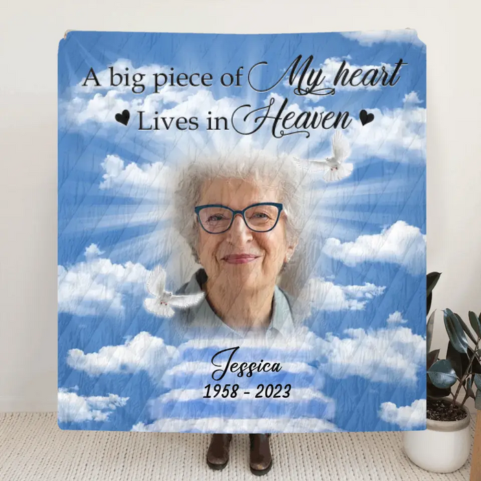 Personalized Memorial Photo Fleece Throw Blanket/Quilt - Memorial Gift Idea For Mother's Day/Father's Day - A Big Piece Of My Heart Lives In Heaven