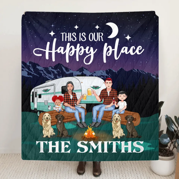 Personalized Camping Under The Stars Pillow Cover/Fleece Throw Blanket/Quilt - Gift Idea For Family/Camping Lover - Couple/Parents With Up to 2 Kids And 4 Dogs - This Is Our Happy Place