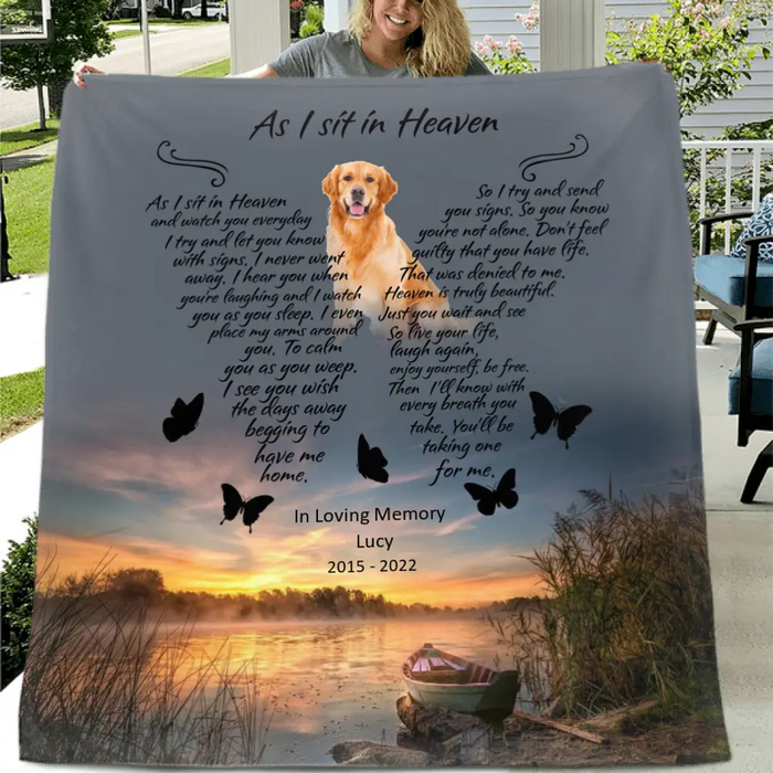 Personalized Dog Photo Memorial Fleece Throw Blanket/Quilt - Memorial Gift - As I Sit In Heaven