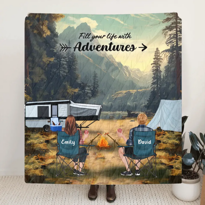 Personalized Yosemite Camping Quilt/Fleece Throw Blanket - Gift Idea For Couple, Camping Lovers, Family - Up to 5 Kids, 4 Pets - Fill Your Life With Adventures