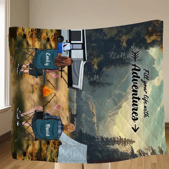 Personalized Yosemite Camping Quilt/Fleece Throw Blanket - Gift Idea For Couple, Camping Lovers, Family - Up to 5 Kids, 4 Pets - Fill Your Life With Adventures