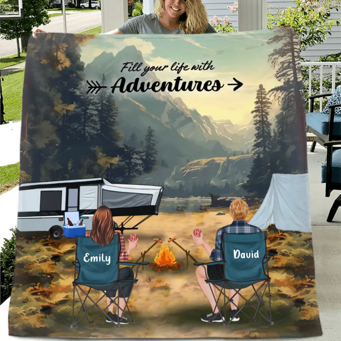 Personalized Yosemite Camping Quilt/Fleece Throw Blanket - Gift Idea For Couple, Camping Lovers, Family - Up to 5 Kids, 4 Pets - Fill Your Life With Adventures