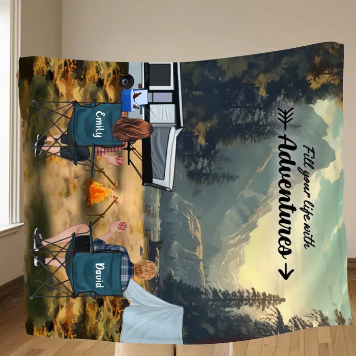 Personalized Yosemite Camping Quilt/Fleece Throw Blanket - Gift Idea For Couple, Camping Lovers, Family - Up to 5 Kids, 4 Pets - Fill Your Life With Adventures