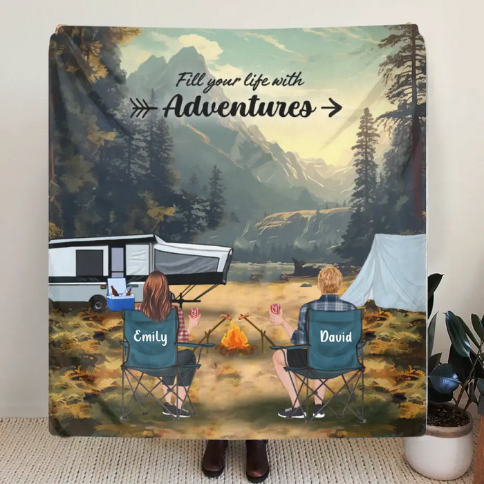 Personalized Yosemite Camping Quilt/Fleece Throw Blanket - Gift Idea For Couple, Camping Lovers, Family - Up to 5 Kids, 4 Pets - Fill Your Life With Adventures