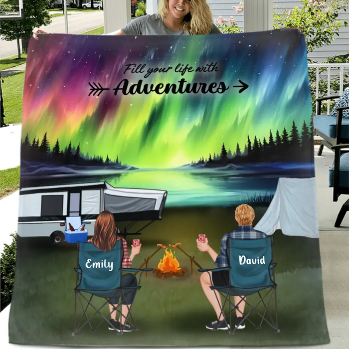 Personalized Northern Light Camping Quilt/Fleece Throw Blanket - Gift Idea For Couple, Camping Lovers, Family - Up to 5 Kids, 4 Pets - Fill Your Life With Adventures