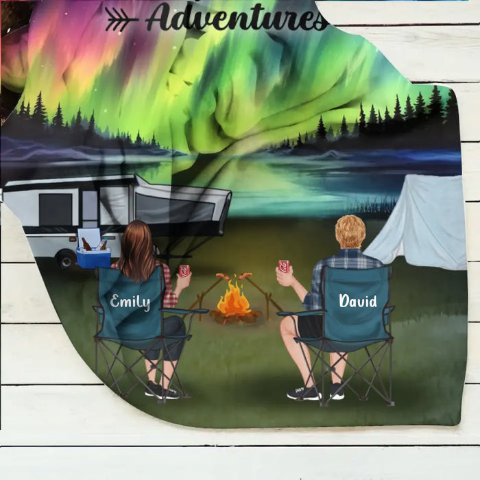 Personalized Northern Light Camping Quilt/Fleece Throw Blanket - Gift Idea For Couple, Camping Lovers, Family - Up to 5 Kids, 4 Pets - Fill Your Life With Adventures