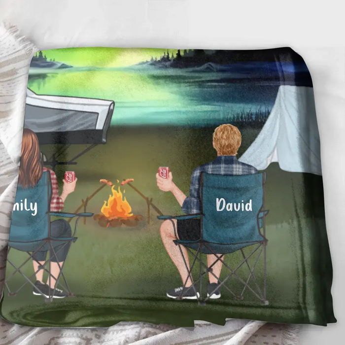 Personalized Northern Light Camping Quilt/Fleece Throw Blanket - Gift Idea For Couple, Camping Lovers, Family - Up to 5 Kids, 4 Pets - Fill Your Life With Adventures