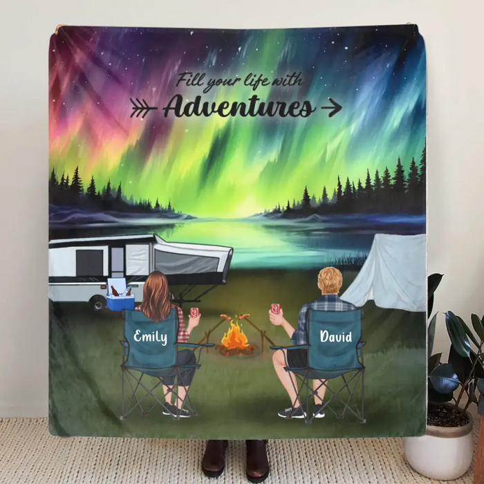Personalized Northern Light Camping Quilt/Fleece Throw Blanket - Gift Idea For Couple, Camping Lovers, Family - Up to 5 Kids, 4 Pets - Fill Your Life With Adventures