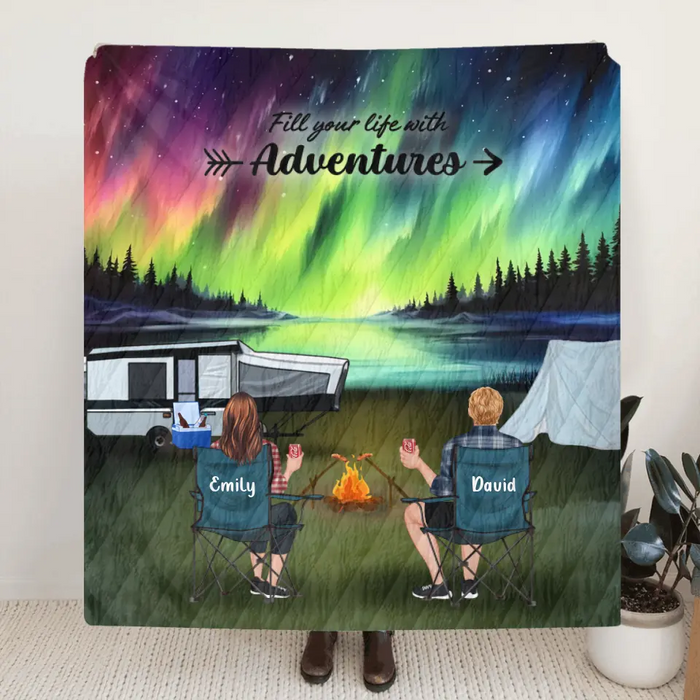 Personalized Northern Light Camping Quilt/Fleece Throw Blanket - Gift Idea For Couple, Camping Lovers, Family - Up to 5 Kids, 4 Pets - Fill Your Life With Adventures
