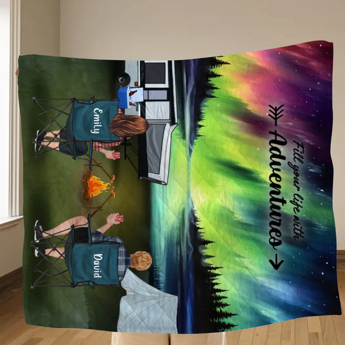 Personalized Northern Light Camping Quilt/Fleece Throw Blanket - Gift Idea For Couple, Camping Lovers, Family - Up to 5 Kids, 4 Pets - Fill Your Life With Adventures