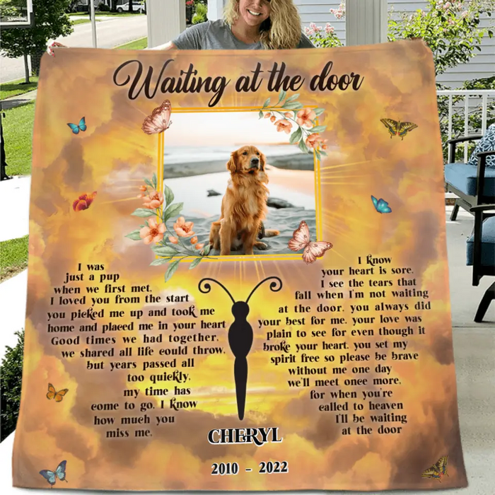 Personalized Memorial Photo Fleece Blanket/Quilt - Memorial Gift For Dog Loss - Waiting At The Door