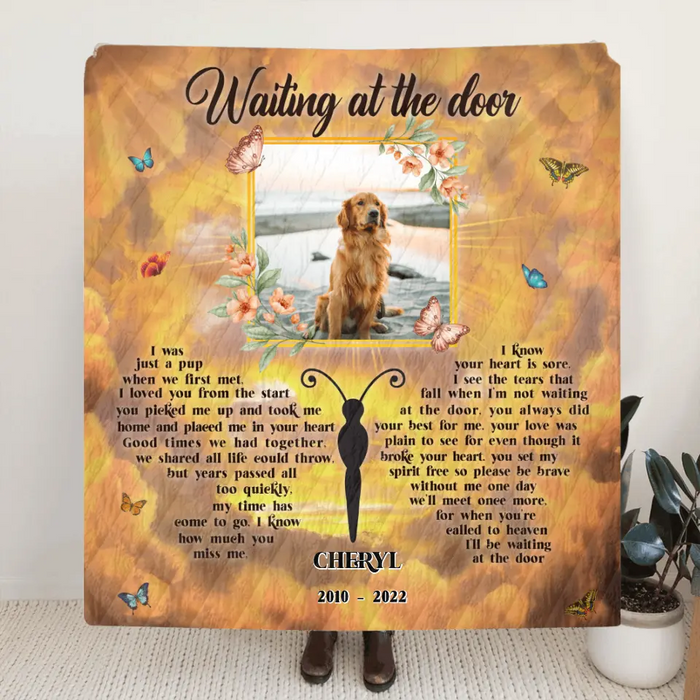 Personalized Memorial Photo Fleece Blanket/Quilt - Memorial Gift For Dog Loss - Waiting At The Door