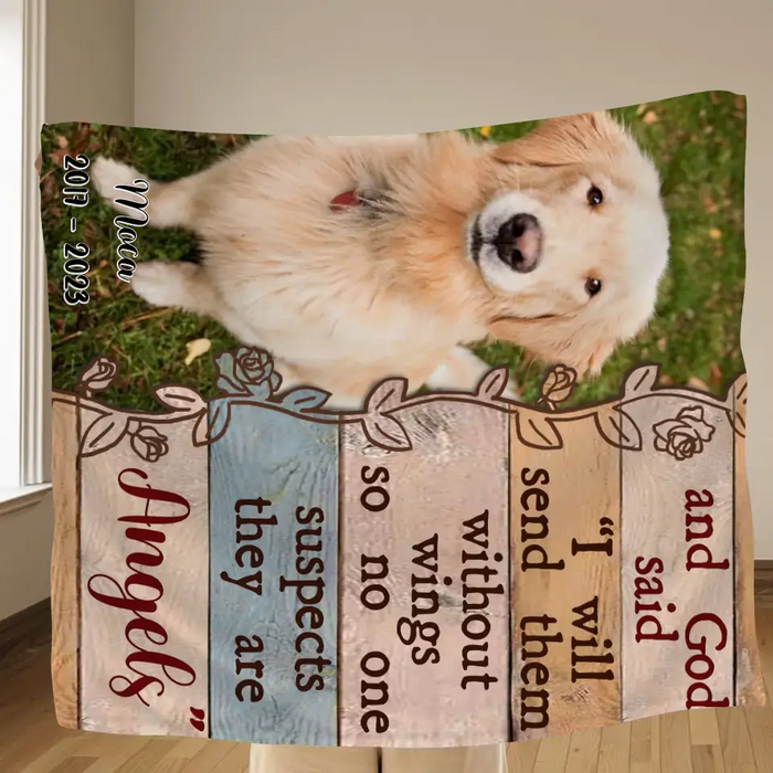 Personalized Memorial Fleece Throw Blanket/Quilt - Upload Dog/ Cat Photo - And God Said "I Will Send Them Without Wings So No One Suspects They Are Angels"