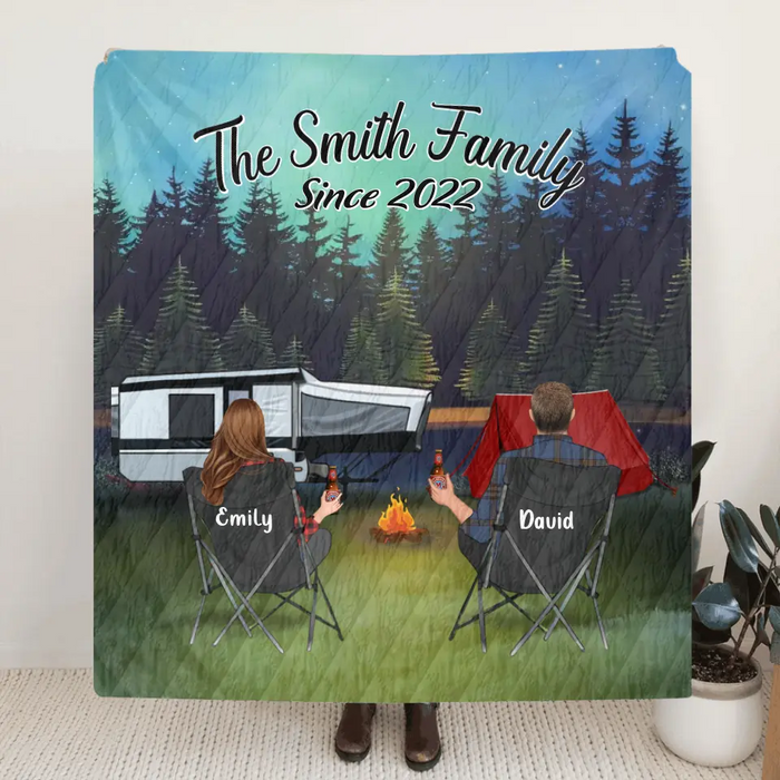Personalized Camping Quilt/Fleece Throw Blanket - Gift Idea For Couple, Camping Lovers, Family - Up to 3 Kids, 3 Pets - The Family