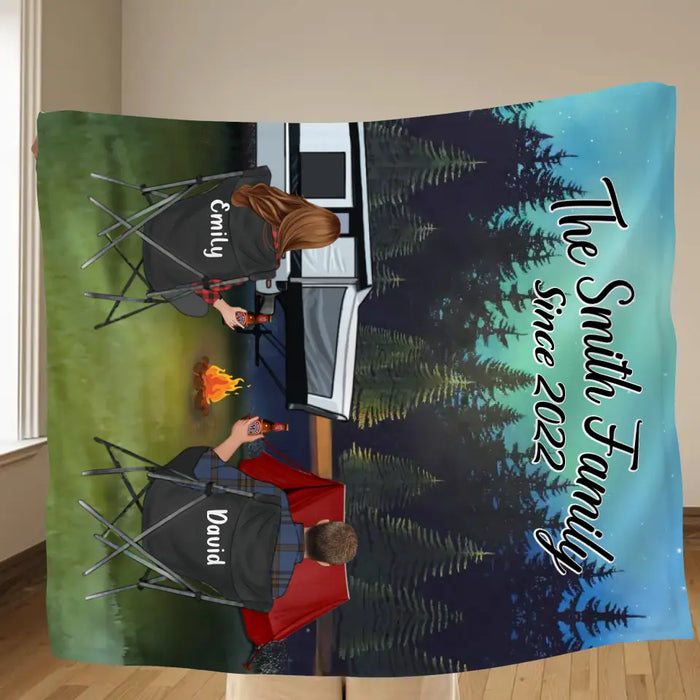 Personalized Camping Quilt/Fleece Throw Blanket - Gift Idea For Couple, Camping Lovers, Family - Up to 3 Kids, 3 Pets - The Family
