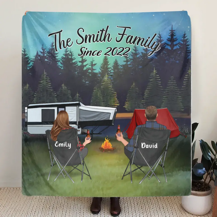Personalized Camping Quilt/Fleece Throw Blanket - Gift Idea For Couple, Camping Lovers, Family - Up to 3 Kids, 3 Pets - The Family