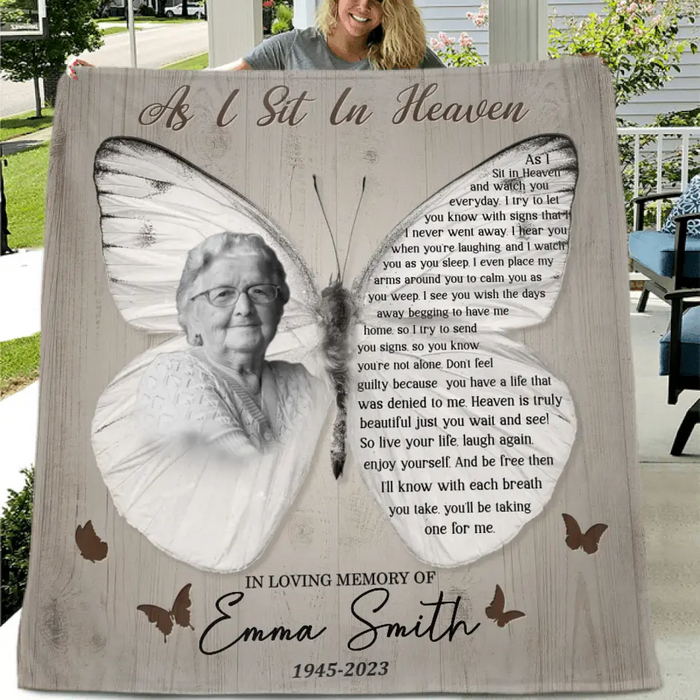 Personalized Memorial Photo Fleece Throw Blanket & Quilt - Memorial Gift for Family - As I Sit In Heaven