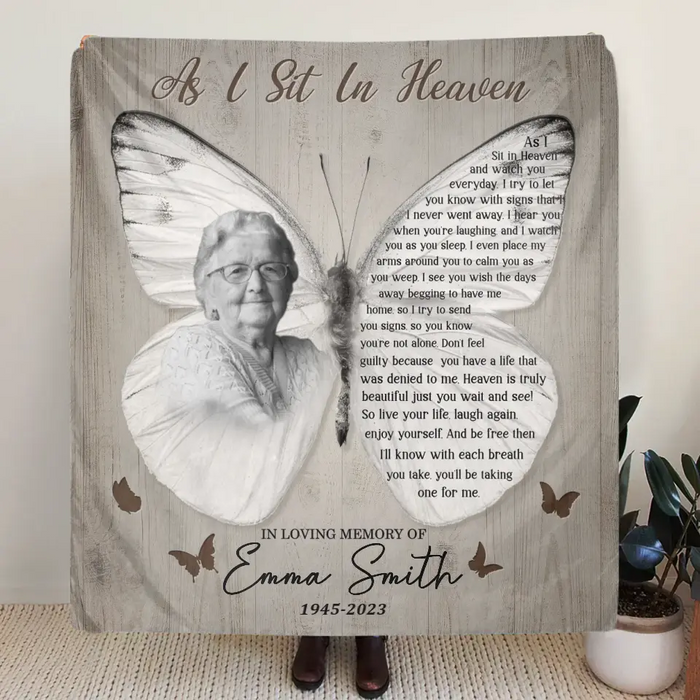 Personalized Memorial Photo Fleece Throw Blanket & Quilt - Memorial Gift for Family - As I Sit In Heaven
