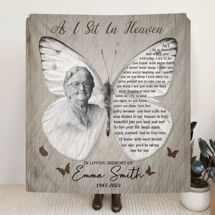 Personalized Memorial Photo Fleece Throw Blanket & Quilt - Memorial Gift for Family - As I Sit In Heaven