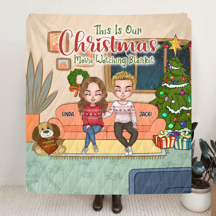 Personalized Family Movie Watching Fleece Throw Blanket/Quilt - Adult/Couple With Up to 2 Kids And 3 Pets - Christmas Gift For Couple/Family/Dog/Cat Lover - This Is Our Christmas Movie Watching Blanket