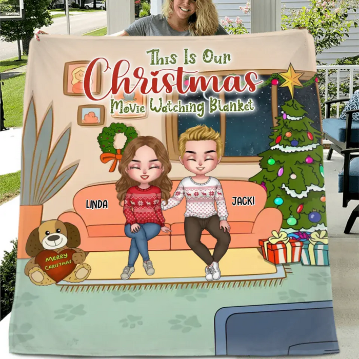 Personalized Family Movie Watching Fleece Throw Blanket/Quilt - Adult/Couple With Up to 2 Kids And 3 Pets - Christmas Gift For Couple/Family/Dog/Cat Lover - This Is Our Christmas Movie Watching Blanket