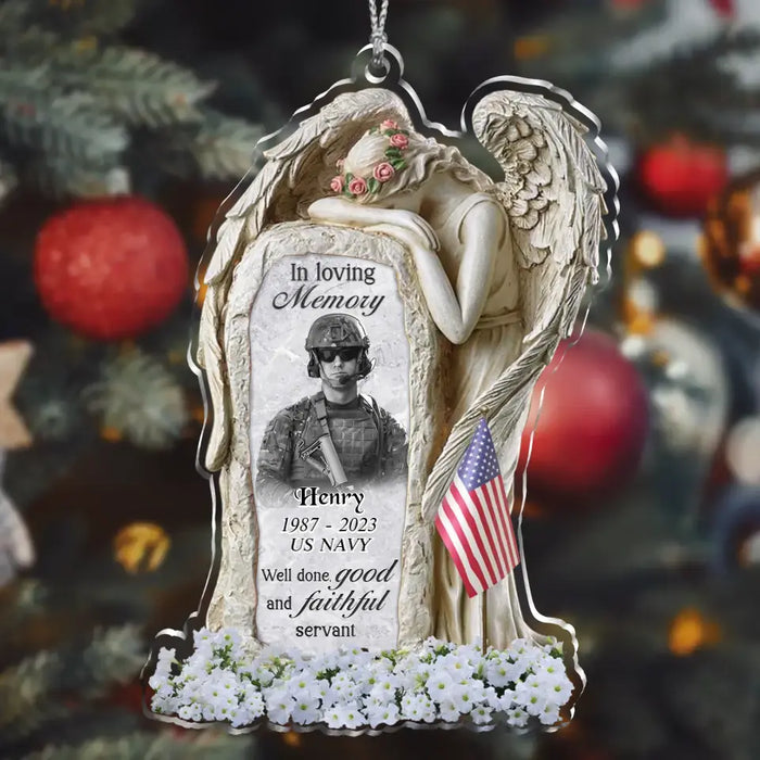 Personalized Veteran Angel In Loving Memory Acrylic Ornament - Memorial Gift Idea For Veteran - Upload Photo - Well Done, Good And Faithful Servant