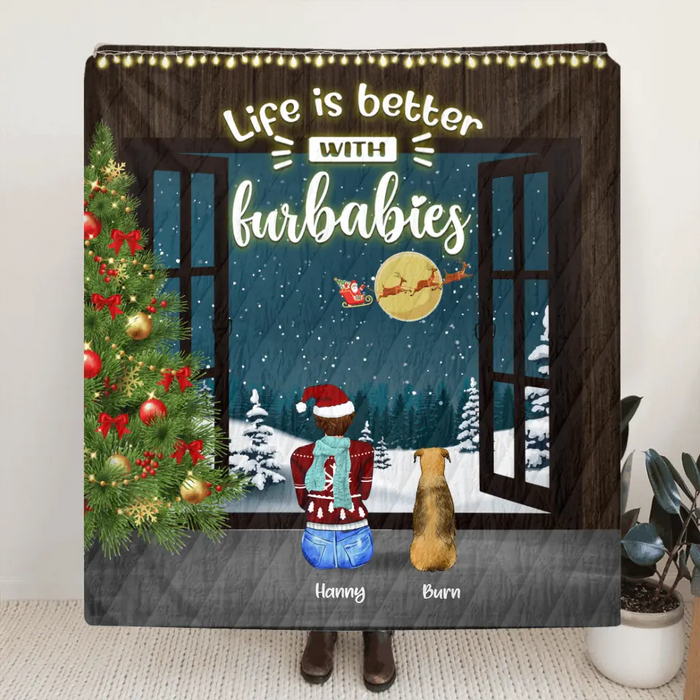 Personalized Christmas By Window Quilt/Fleece Blanket - Man/Woman/Couple With Up to 3 Kids, 4 Pets - Best Gift For Christmas - Life Is Better With Furbabies