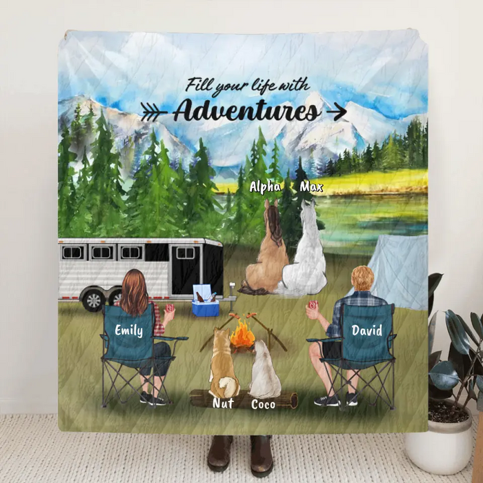 Personalized Camping With Horses And Dogs Quilt/Fleece Blanket - Couple With 2 Horses And 2 Dogs - Best Gift For Camping Lover