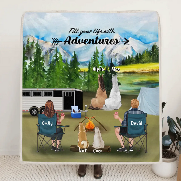 Personalized Camping With Horses And Dogs Quilt/Fleece Blanket - Couple With 2 Horses And 2 Dogs - Best Gift For Camping Lover