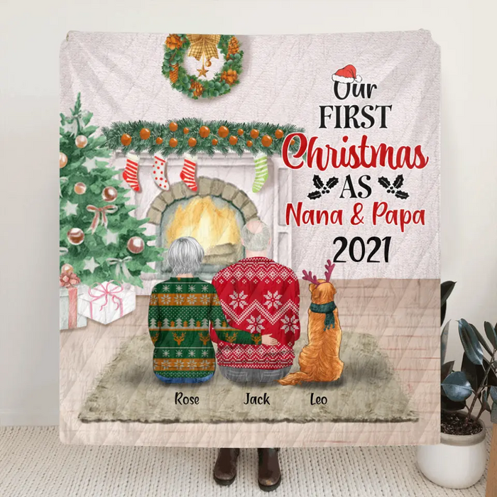 Personalized First Christmas As Nana & Papa Quilt/Fleece Blanket - Couple With Up to 4 Pets - Christmas Gift For Dog/Cat Lover