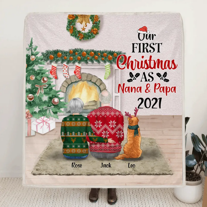 Personalized First Christmas As Nana & Papa Quilt/Fleece Blanket - Couple With Up to 4 Pets - Christmas Gift For Dog/Cat Lover