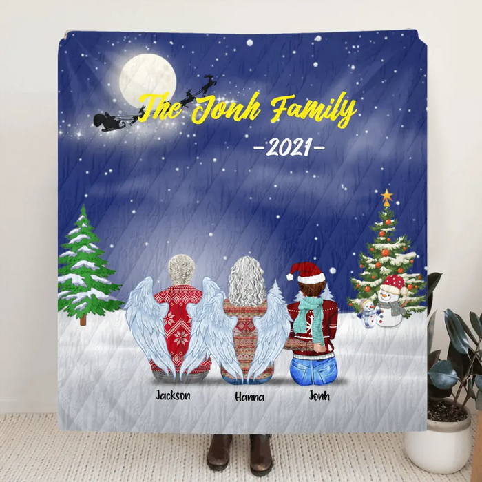Personalized Christmas With Whole Family Quilt/Fleece Blanket - 3 Generations: Grandparents, Parents With Up to 4 Children And 4 Pets - Christmas Gift For The Whole Family