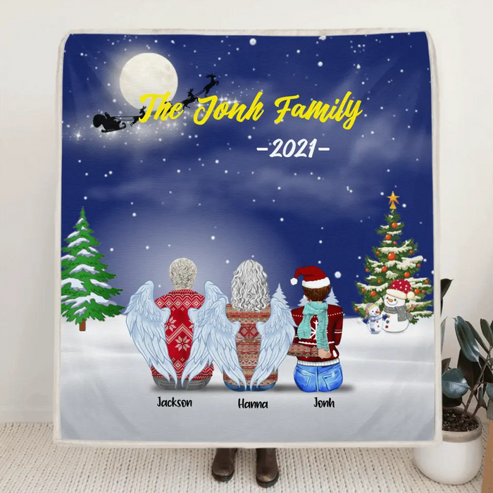 Personalized Christmas With Whole Family Quilt/Fleece Blanket - 3 Generations: Grandparents, Parents With Up to 4 Children And 4 Pets - Christmas Gift For The Whole Family