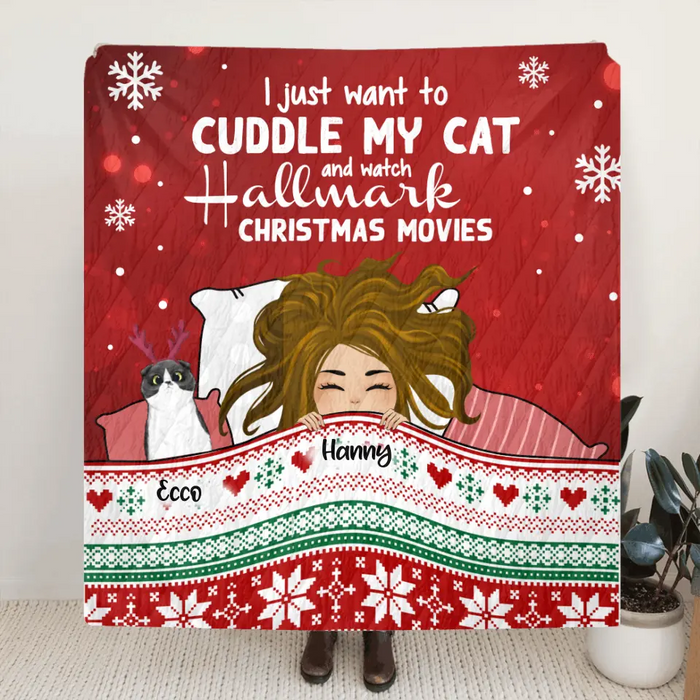 Personalized Christmas Sleeping With Pets Quilt/Fleece Blanket - Girl With Up to 4 Pets - Christmas Gift For Cat/Dog Lover - I Just Want To Cuddle My Pets