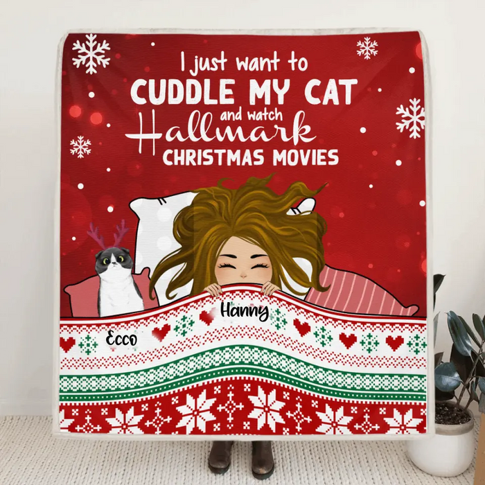Personalized Christmas Sleeping With Pets Quilt/Fleece Blanket - Girl With Up to 4 Pets - Christmas Gift For Cat/Dog Lover - I Just Want To Cuddle My Pets