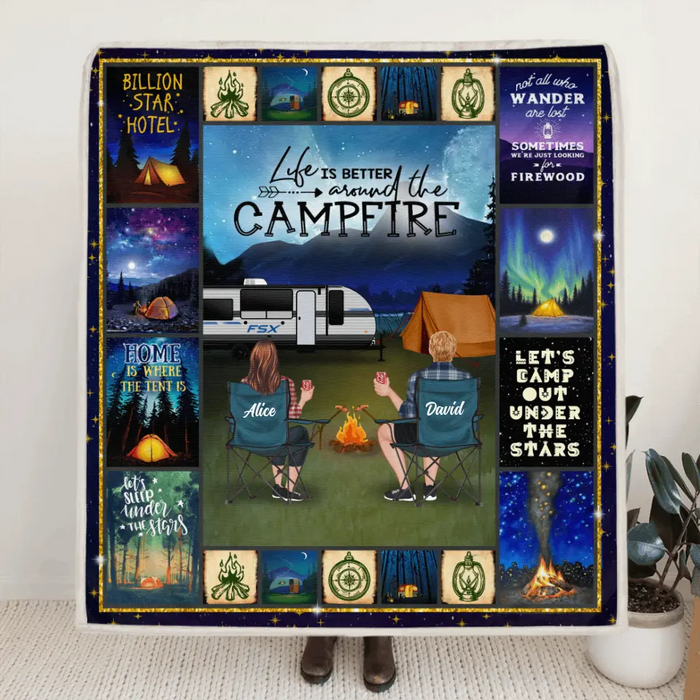 Personalized Night Camping Husband & Wife Quilt/Fleece  Blanket - Couple With Up to 6 Pets - Gift For Camping Lover - Life Is Better Around The Camfire