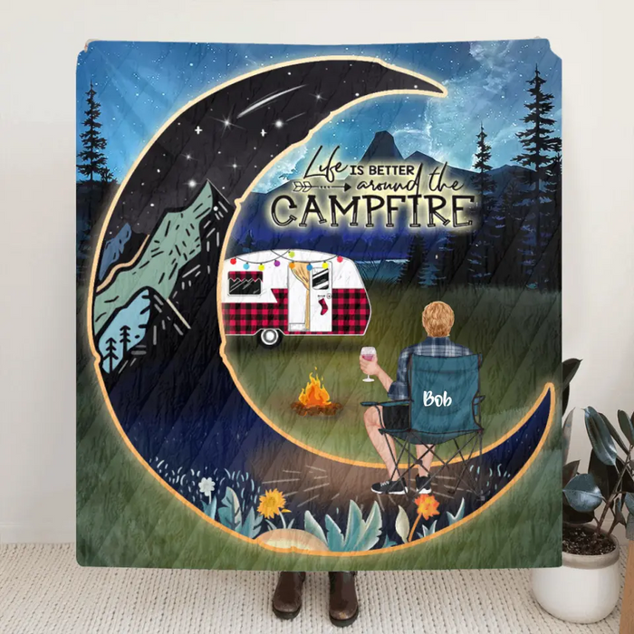 Personalized Night Camping Moon Quilt/Fleece Blanket - Man/Woman/Couple/ Parents With Up to 3 Kids And 5 Pets - Gift For Camping Lover - Life Is Better Around The Camfire