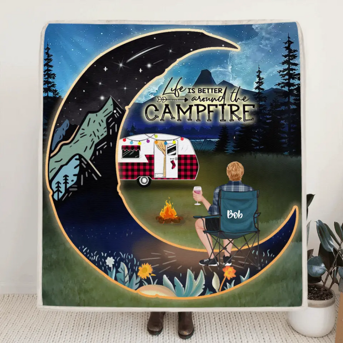 Personalized Night Camping Moon Quilt/Fleece Blanket - Man/Woman/Couple/ Parents With Up to 3 Kids And 5 Pets - Gift For Camping Lover - Life Is Better Around The Camfire