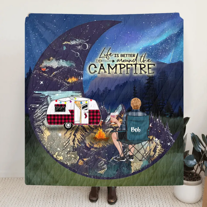 Personalized Camping Moon Quilt/Fleece Blanket - Man/Woman/Couple/Parents With Up to 2 Kids And 4 Pets - Gift For Camping Lover