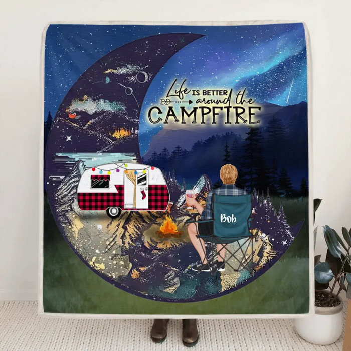 Personalized Camping Moon Quilt/Fleece Blanket - Man/Woman/Couple/Parents With Up to 2 Kids And 4 Pets - Gift For Camping Lover