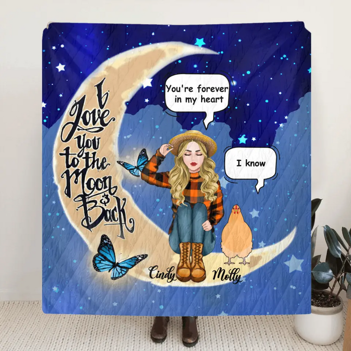 Personalized I Love You To The Moon & Back Chicken Lover Quilt/Fleece Blanket - Up to 5 Chickens