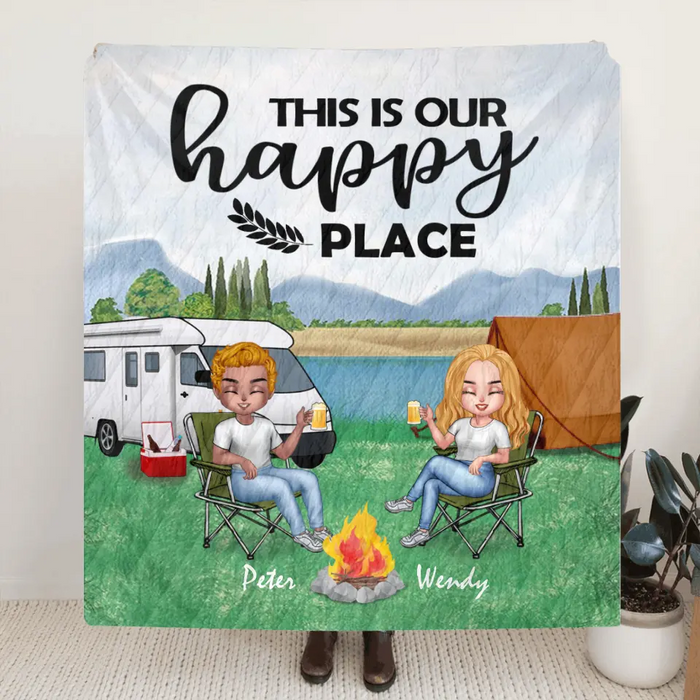 Personalized Camping Chibi Quilt/Fleece Blanket - Couple With Up to 3 Dogs - Gift Idea For Dog/Camping Lover/Couple - This is Our Happy Place