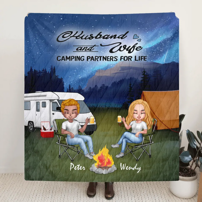 Personalized Night Camping Chibi Quilt/Fleece Blanket - Couple With Up to 3 Dogs - Gift Idea For Dog/Camping Lover/Couple - Husband And Wife Camping Partners For Life