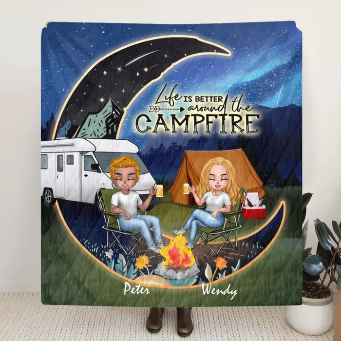Personalized Camping Moon Night Chibi Quilt/Fleece Blanket - Couple With Up to 3 Dogs - Gift Idea For Camping Lover - Life Is Better Around The Campfire